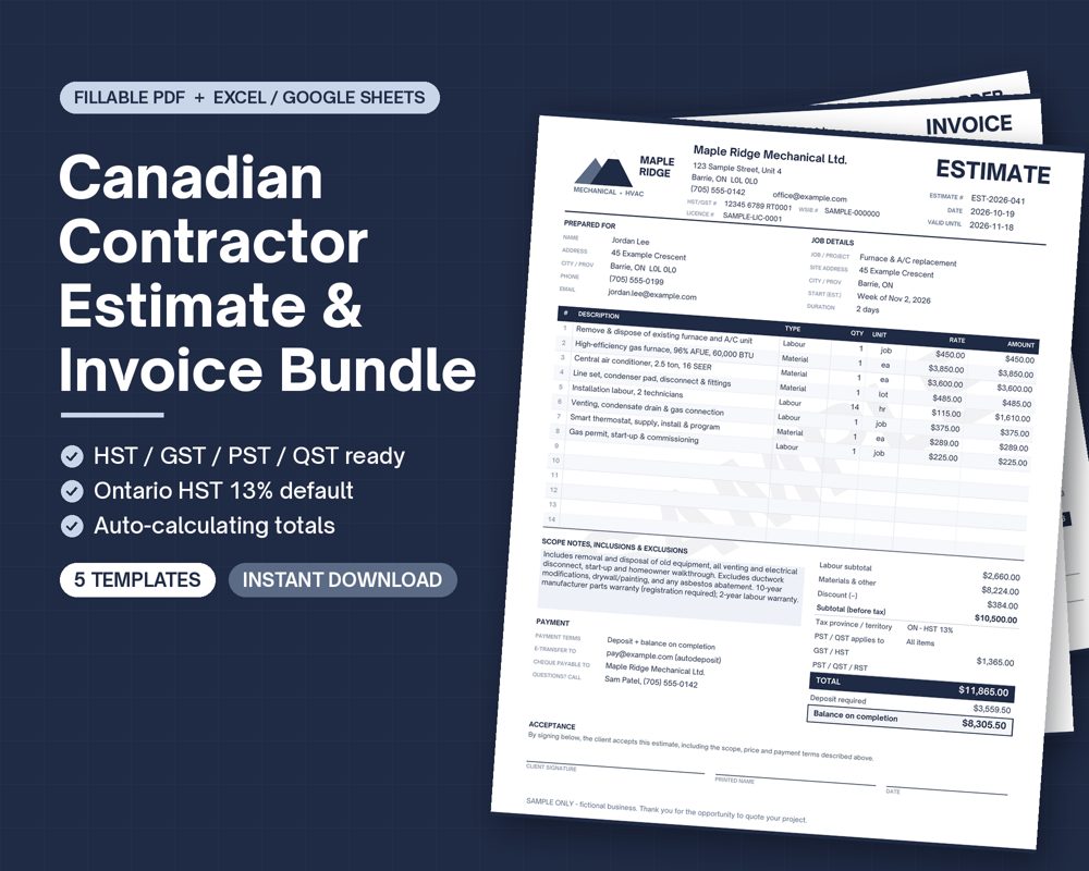 Canadian Contractor Estimate & Invoice Bundle cover